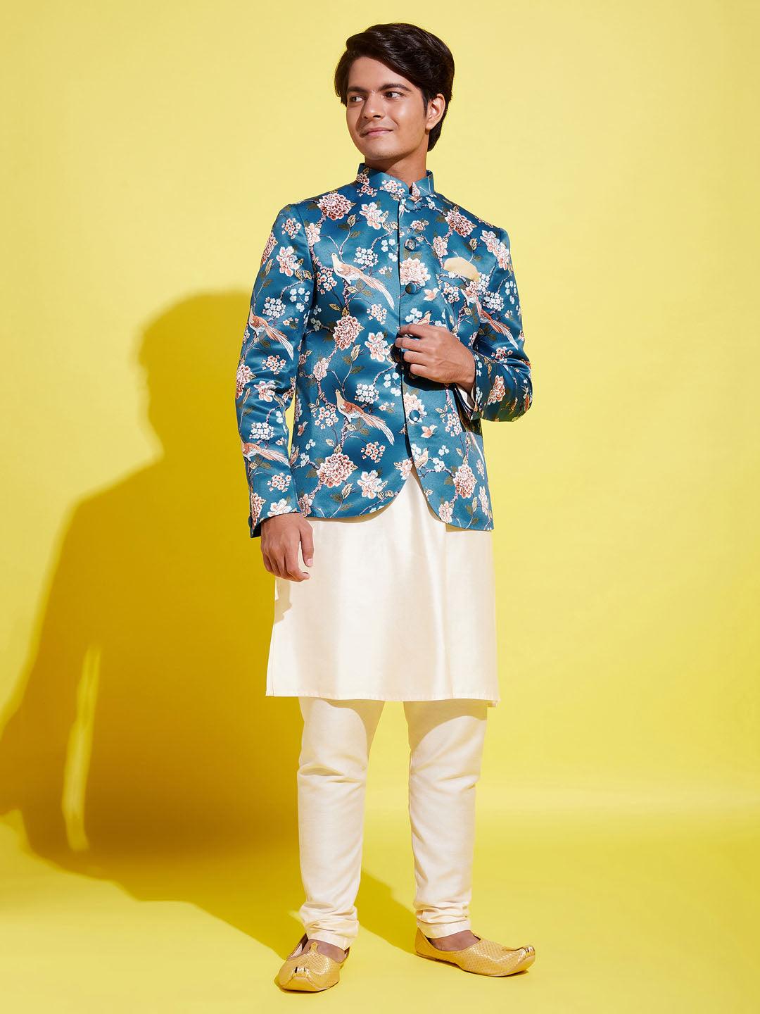 YUVA BY VASTRAMAY Floral Printed Turquoise Blue Bandhgala Prince Coat Jodhpuri With Cream Kurta Pyjama Set - qivii