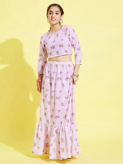 YUVA BY VASTRAMAY Girl's Printed Linen Crop Top And Ruffle Skirt Set - qivii