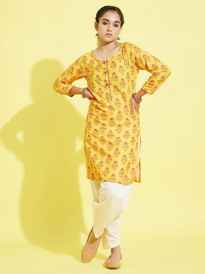 YUVA BY VASTRAMAY Girls' Mustard And Cream Printed Linen Kurta And Patiala Set - qivii