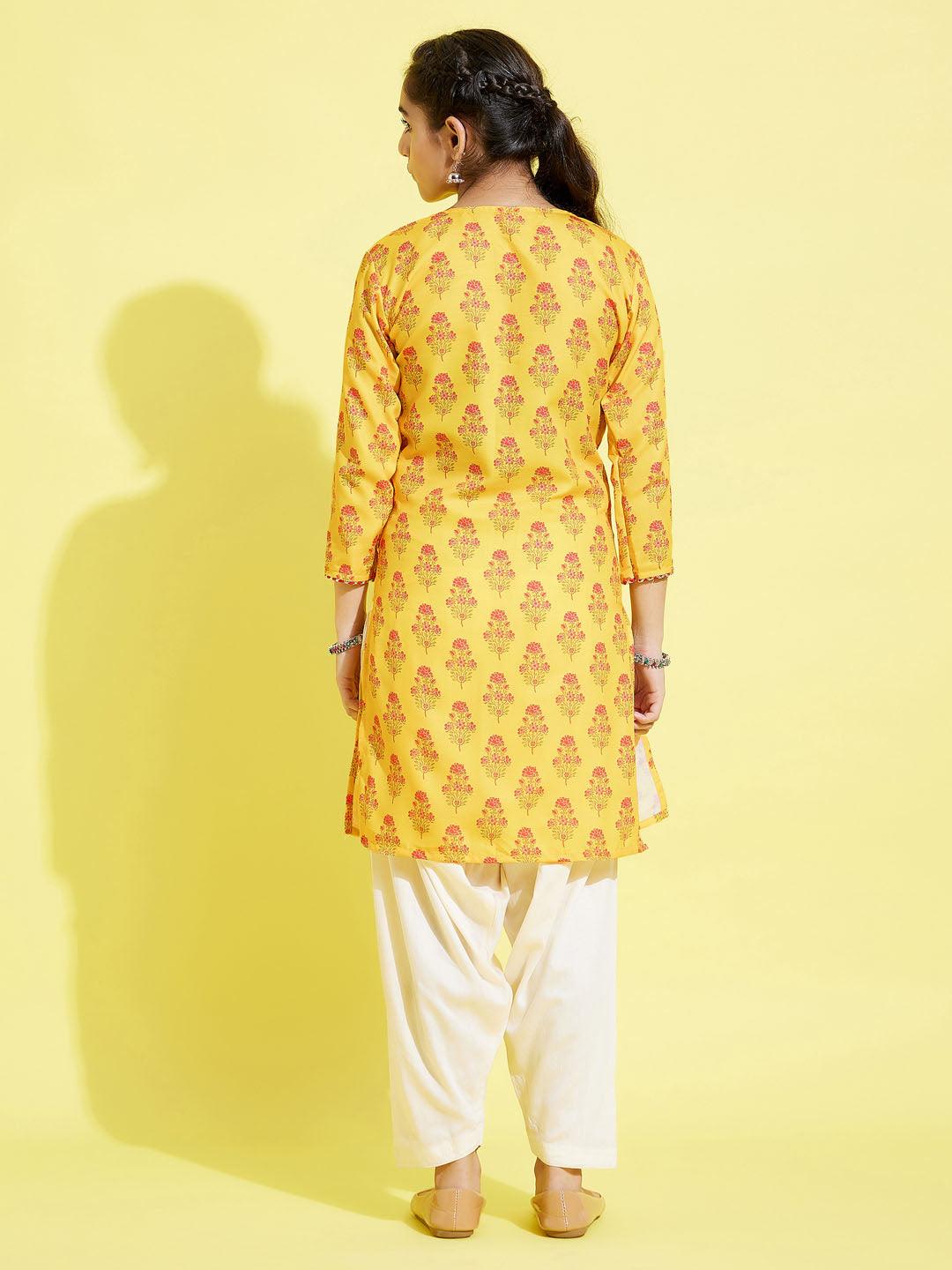 YUVA BY VASTRAMAY Girls' Mustard And Cream Printed Linen Kurta And Patiala Set - qivii