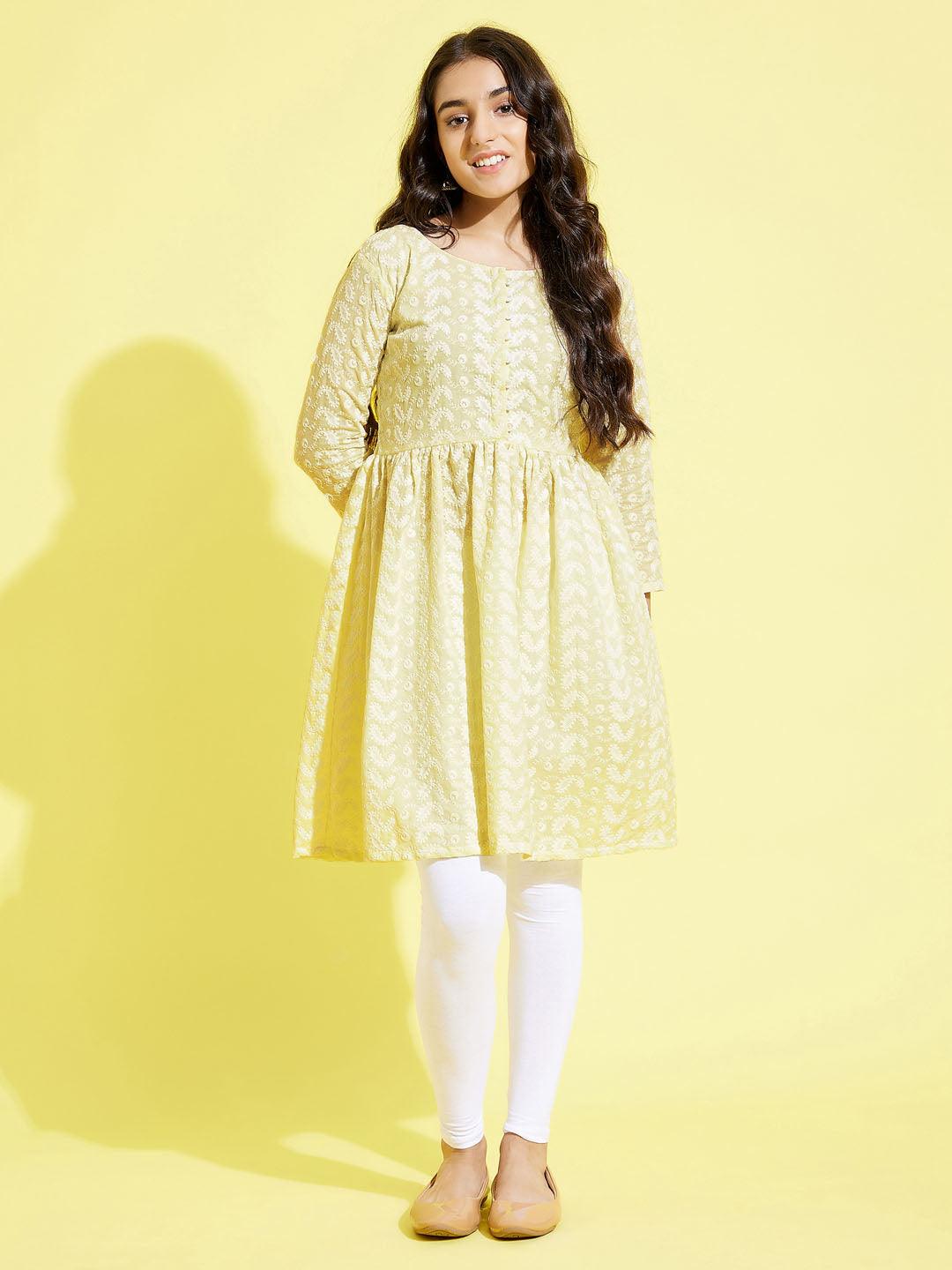 YUVA BY VASTRAMAY Girls' Yellow Pure Cotton Chikankari kurta With Leggings Set - qivii