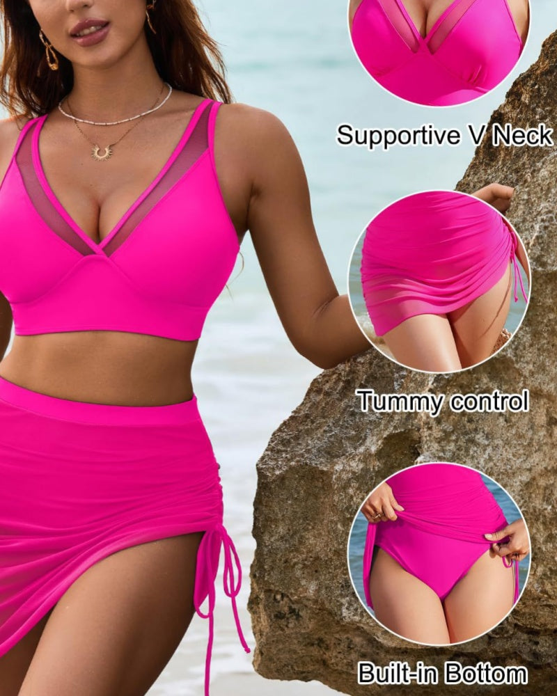 Sexy Deep V Mesh Shapewear Swimsuit Set with Side Drawstring - By Qivii