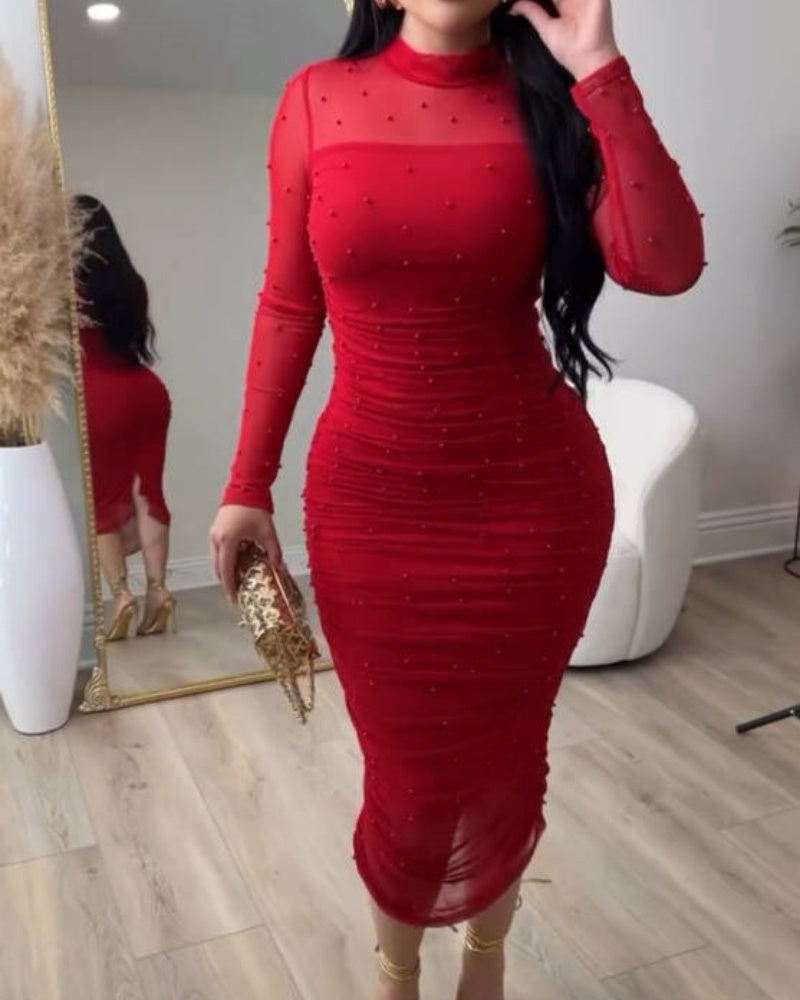 Elegant Mesh Paneled Ruched Bodycon Midi Dress with Mock Neck - By Qivii