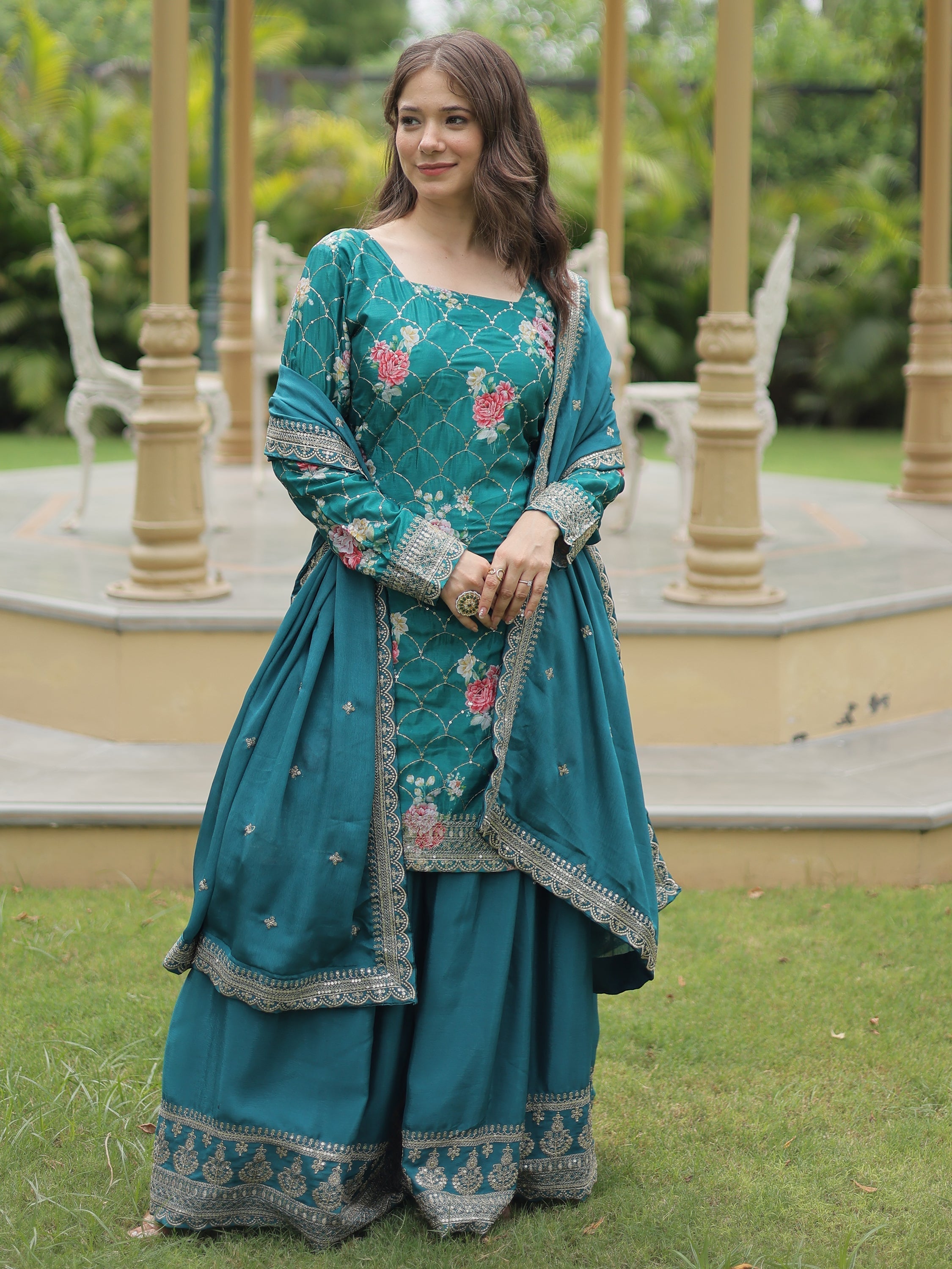 Attractive Teal Blue Sequins Chinon Palazzo Suit With Dupatta for Women
