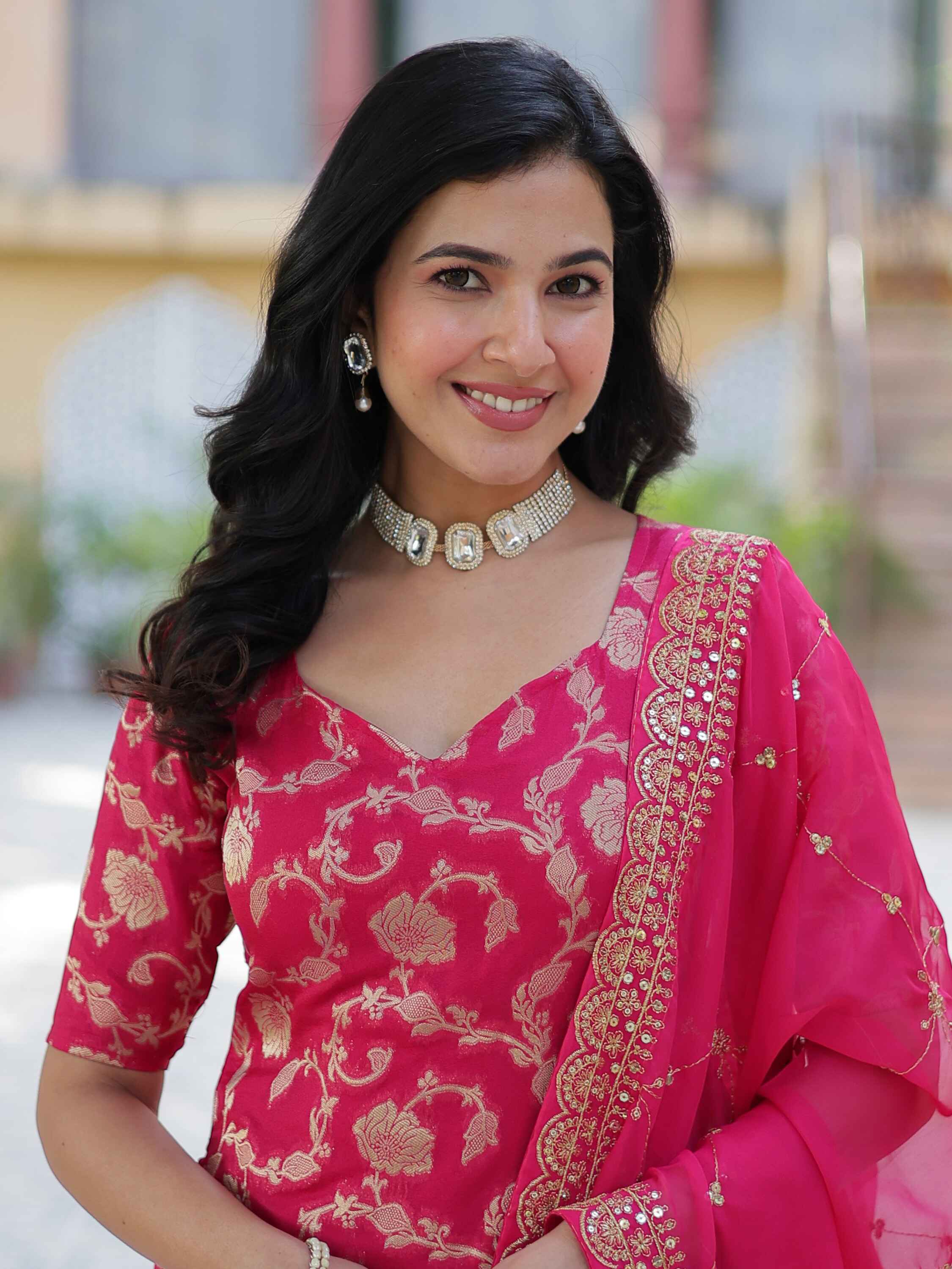 Incredible Pink Weaving Jacquard Festival Wear Sharara Suit with Intricate Design and Elegant Embroidery