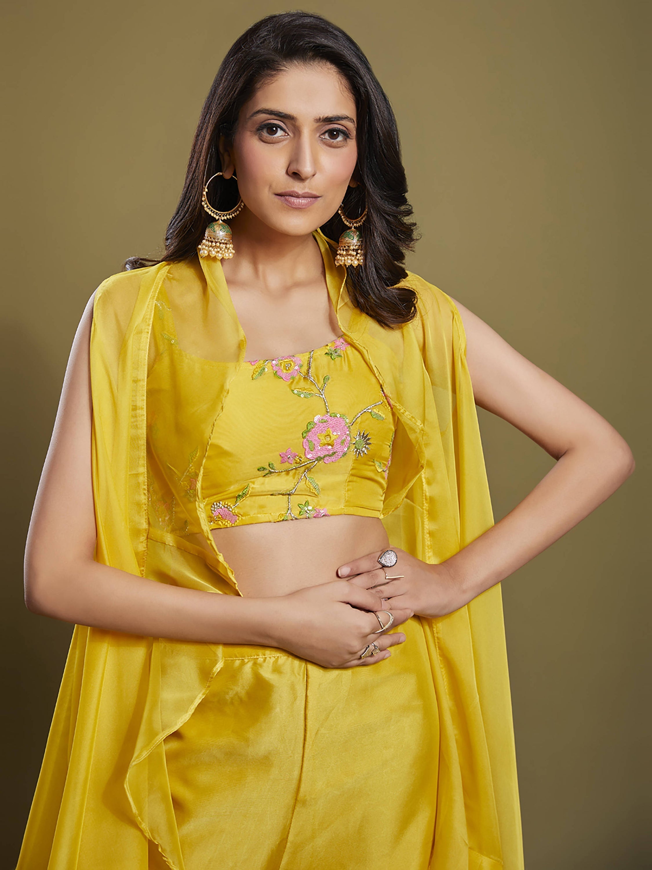 Beautiful yellow sequins organza palazzo jacket with matching blouse for women