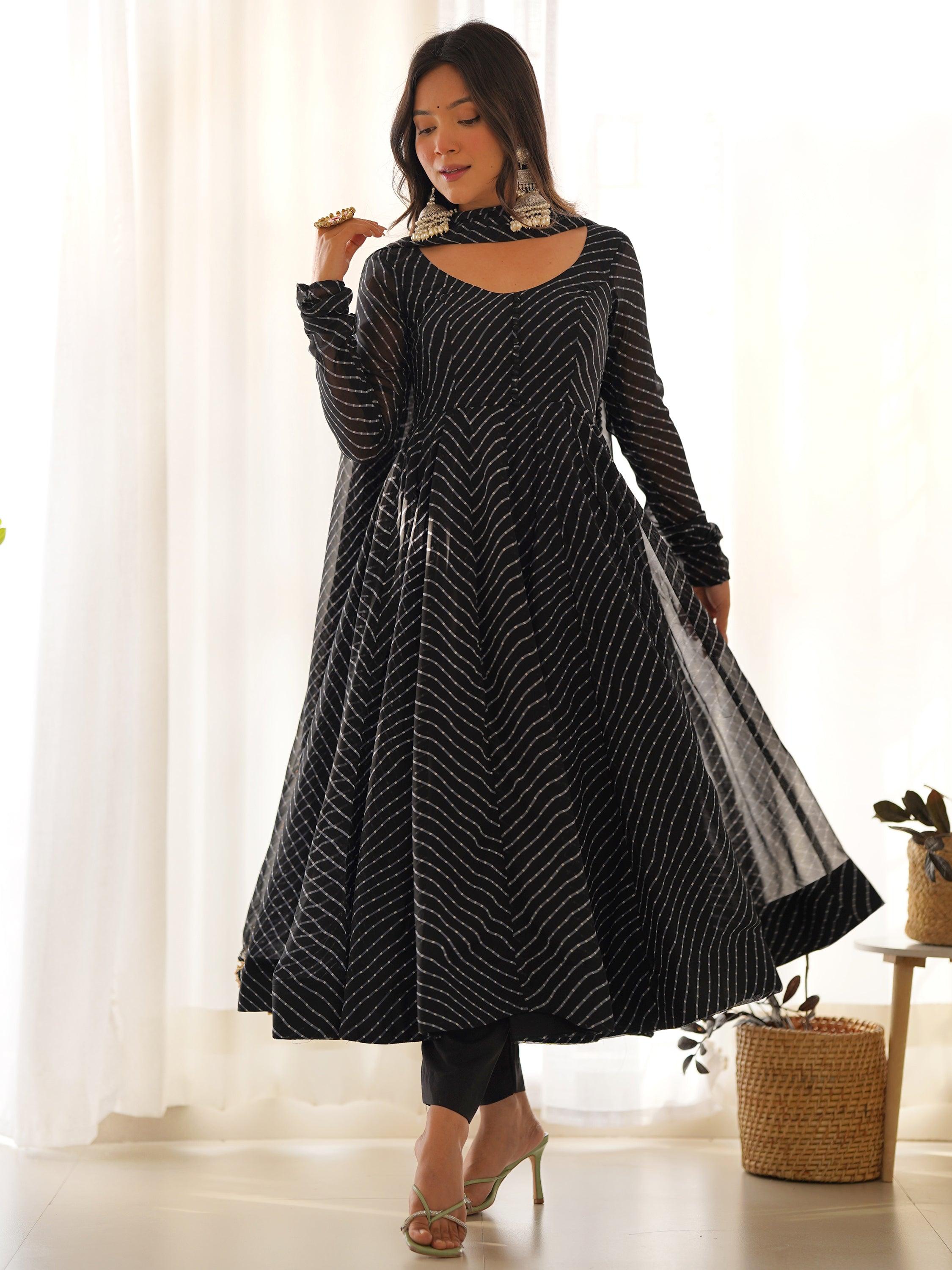 Attractive Black Laheriya Printed Georgette Festival Wear Anarkali Suit with Cotton Silk Pants and Dupatta