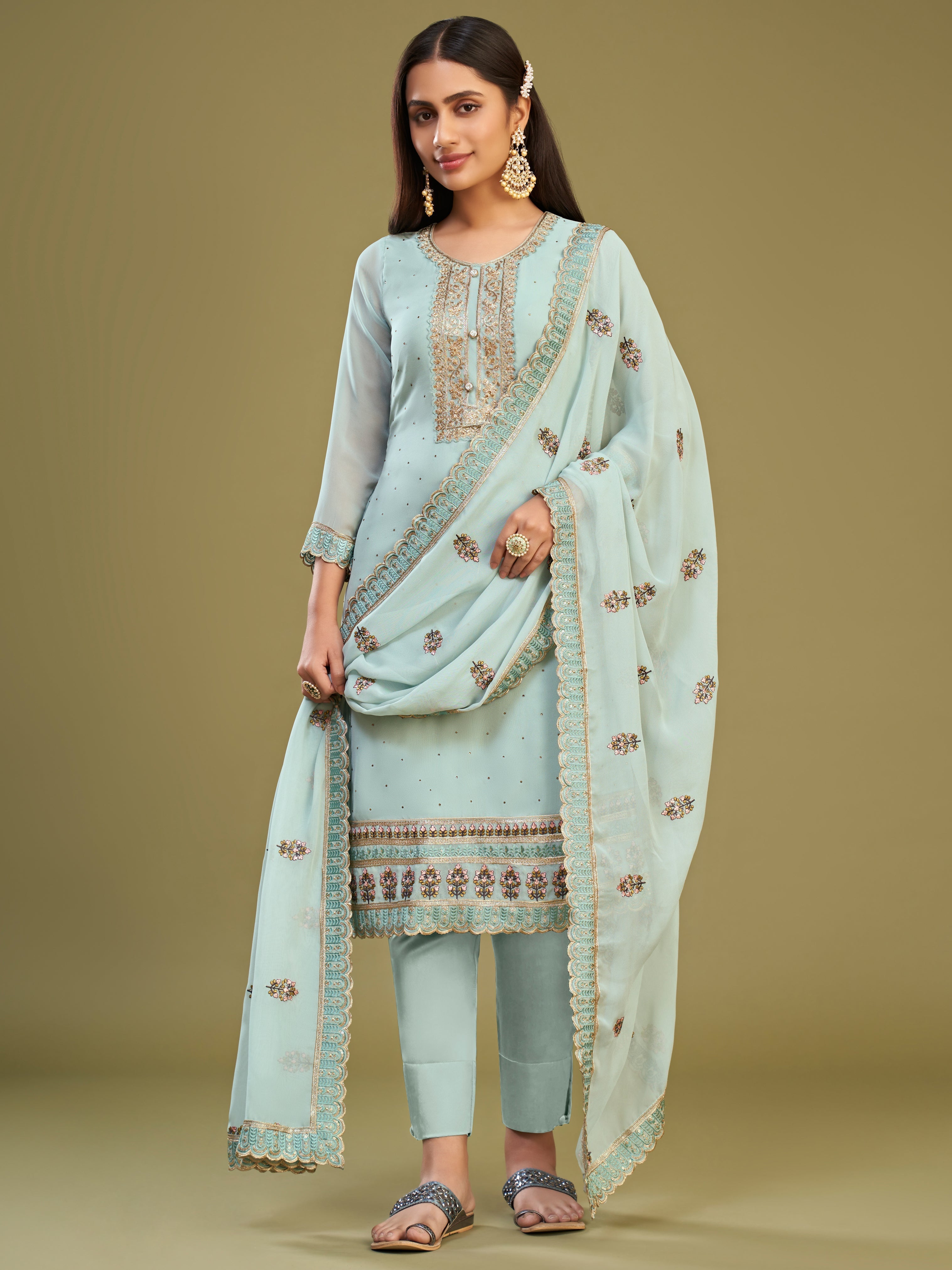 Sky-blue georgette top and dupatta adorned with stunning Swarovski details