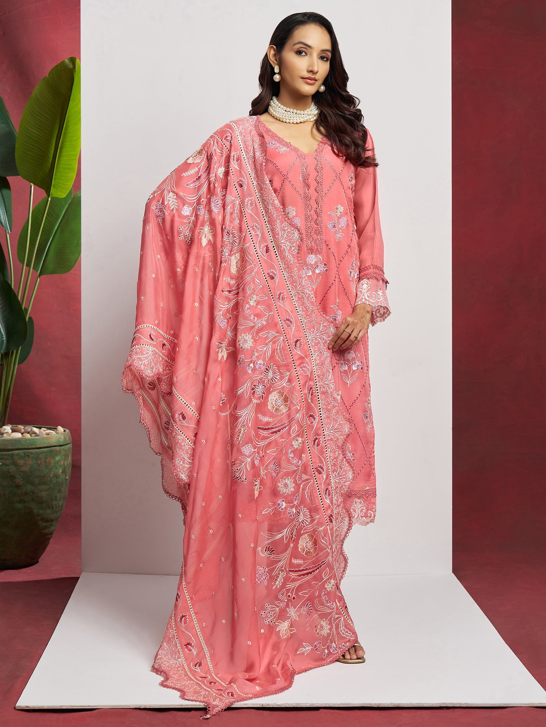 Lovely Peach Floral Embroidered Organza Festival Wear Pant Suit with Heavy Dupatta for women's fashion event outfit styling