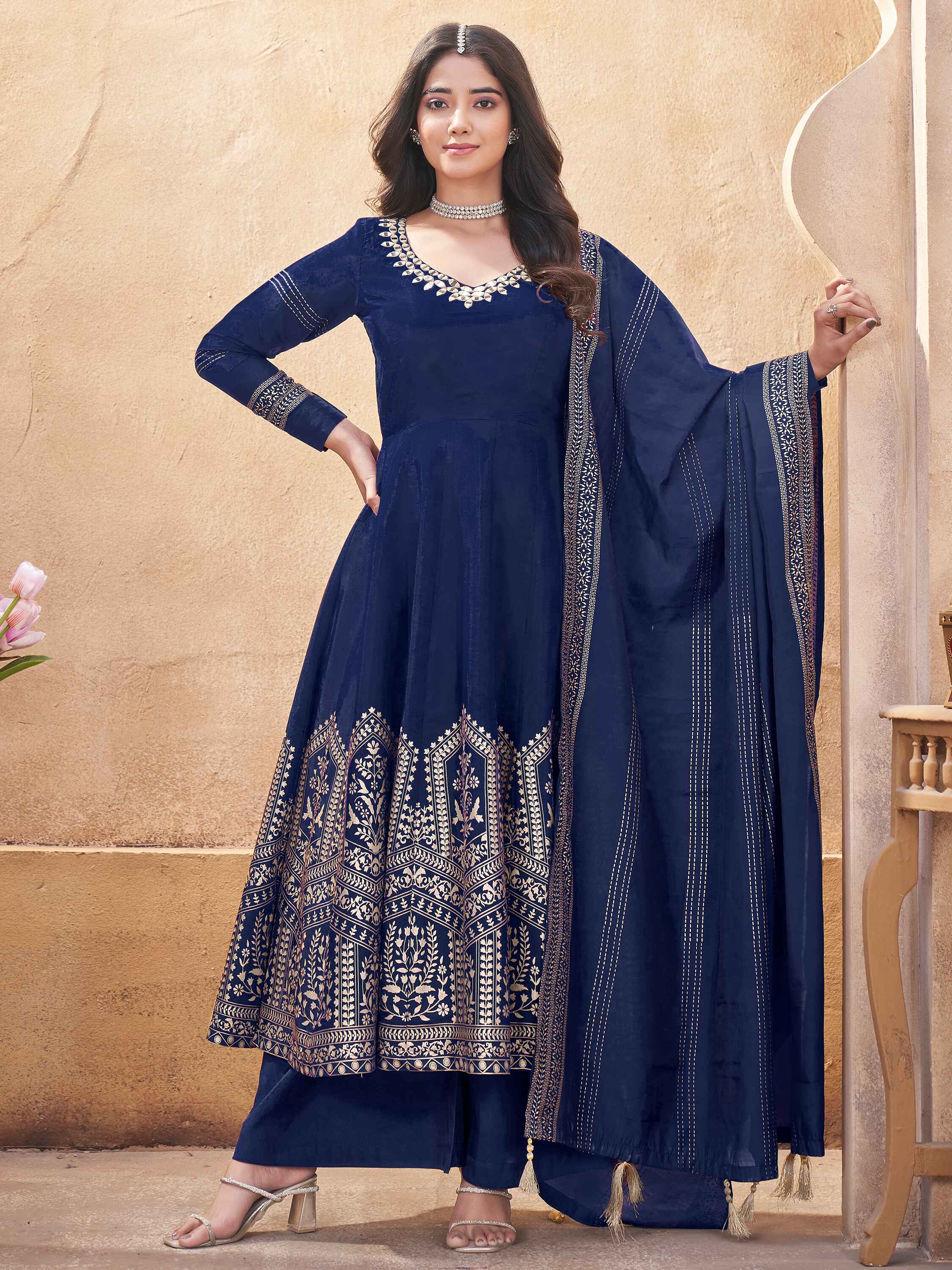 Beautiful Navy Blue Foil Printed Silk Anarkali Suit Palazzo for Function Wear
