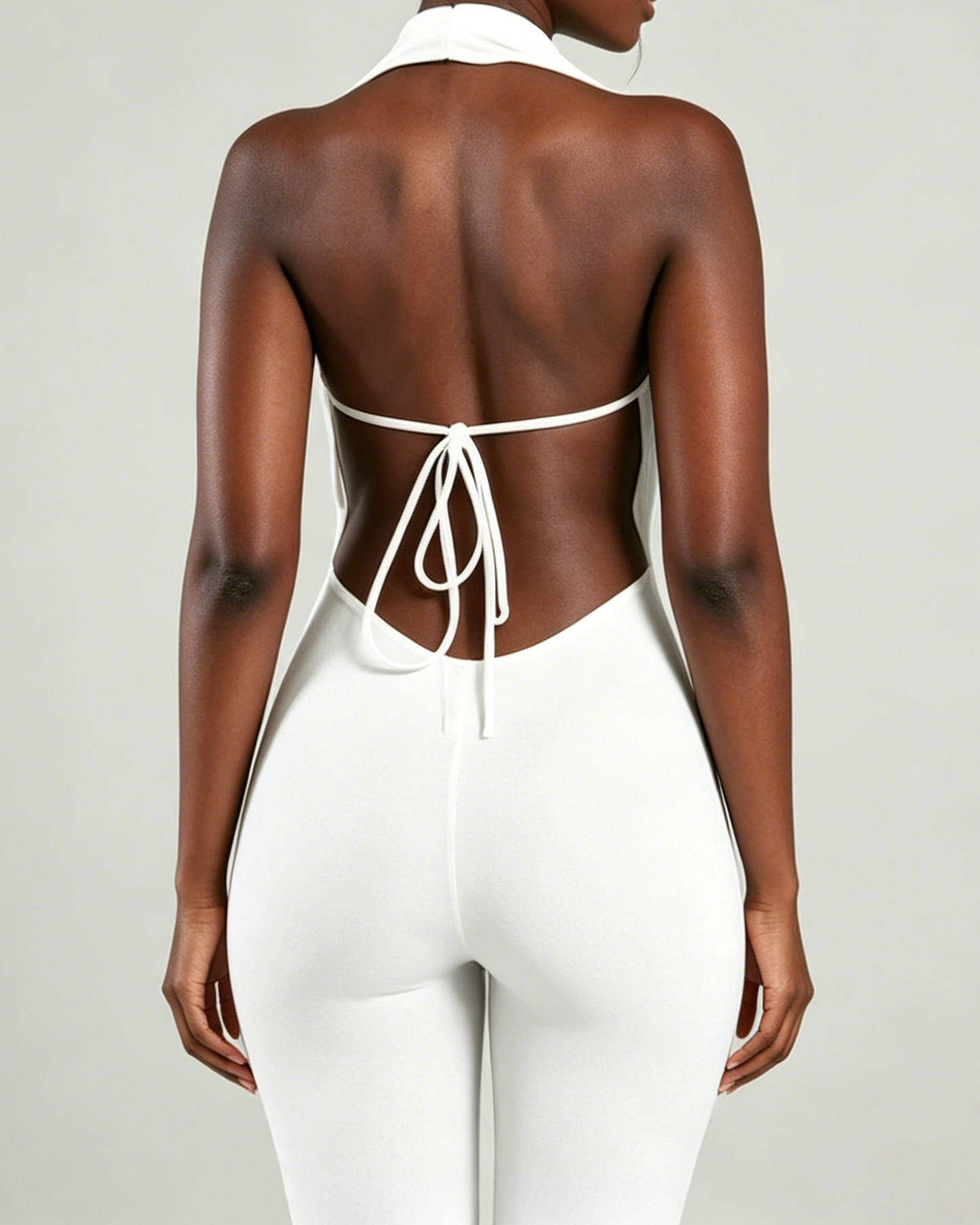 V Neck Halter Open Back Tie Capri Jumpsuit - By Qivii
