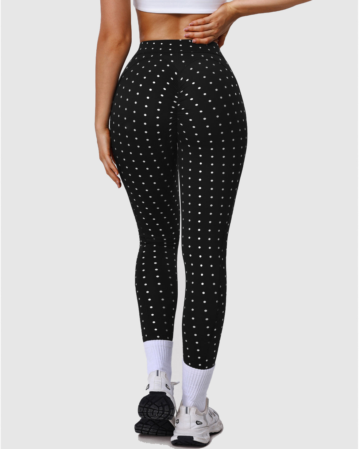 Silver Polka Dot Yoga Leggings Cross-cut Black Workout Pants - By Qivii