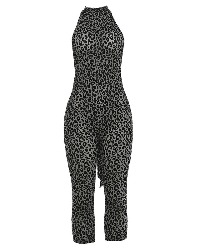 Leopard Print Halter Neck Open Back Capri Jumpsuit - By Qivii