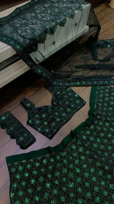 Alluring Green Net lehenga choli with sequence thread & dori work, Indian Designer Ready to wear partywear Lehenga Choli with Waist belt - Uboric