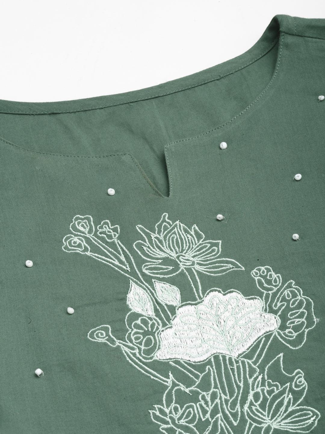 Asya Olive Floral Embroidered Dress - Uboric