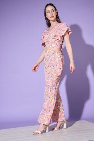 Baby Pink Floral Print Two Piece Top With Palazzos Set - Uboric