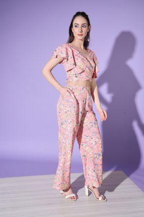 Baby Pink Floral Print Two Piece Top With Palazzos Set - Uboric