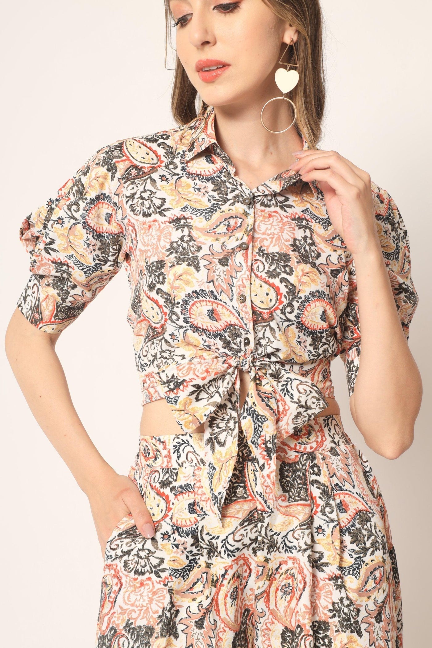 Beige Crepe Digital Printed Top With Matching Trouser - Uboric