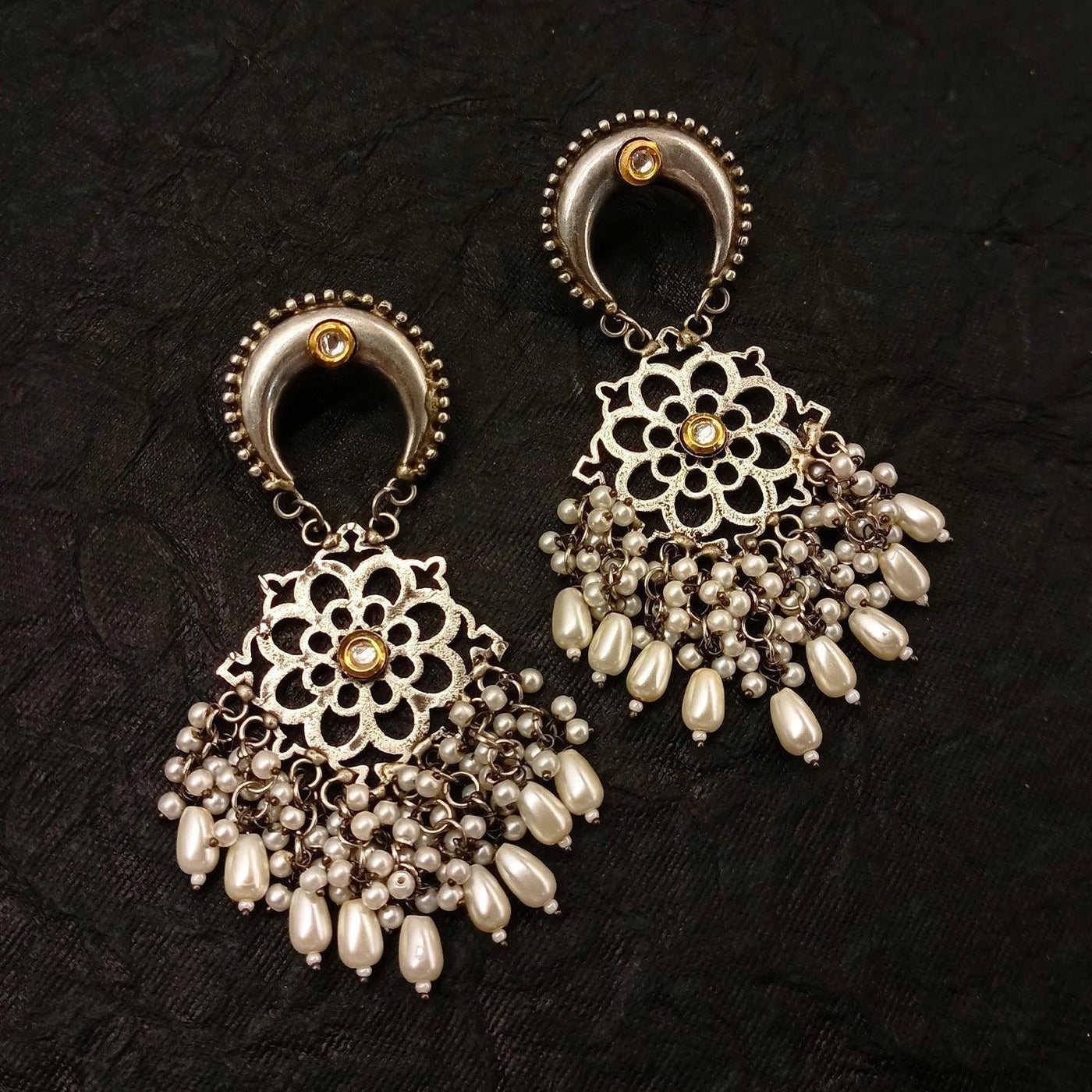 Bhagwati Silver Oxidized Earrings With Pearl Hangings - Uboric