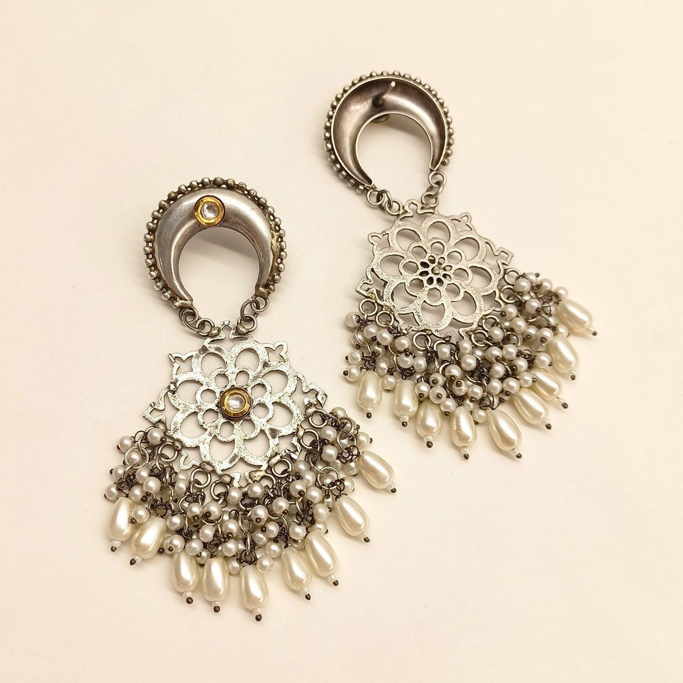 Bhagwati Silver Oxidized Earrings With Pearl Hangings - Uboric