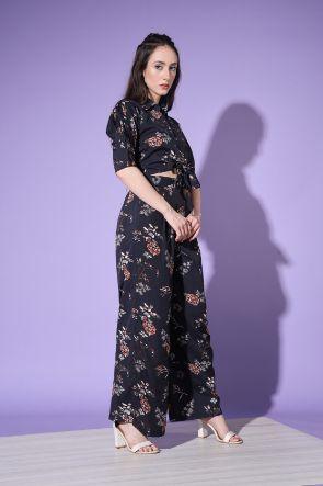 Black Floral Print Two Piece Top With Palazzos Set - Uboric