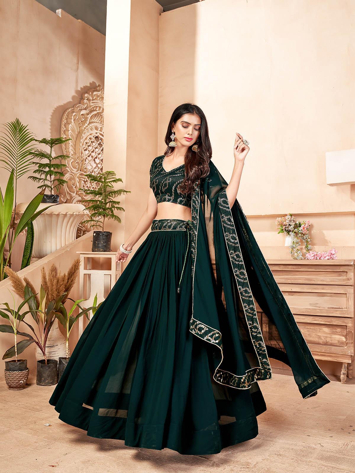 Dark Green Faux Georgette Full Stitched Lehenga With  Stitched Blouse - Uboric
