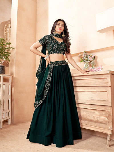 Dark Green Faux Georgette Full Stitched Lehenga With  Stitched Blouse - Uboric