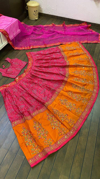 Exclusive Bandhani Print Pink Orange Silk Thread & Sequence Work Wedding Lehenga Choli with Organza Dupatta for Women - Uboric