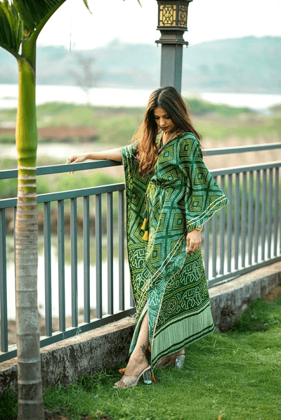 Floral green Digital Print all in one size kaftan dress for women - Uboric