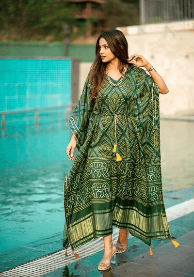 Floral green Digital Print all in one size kaftan dress for women - Uboric