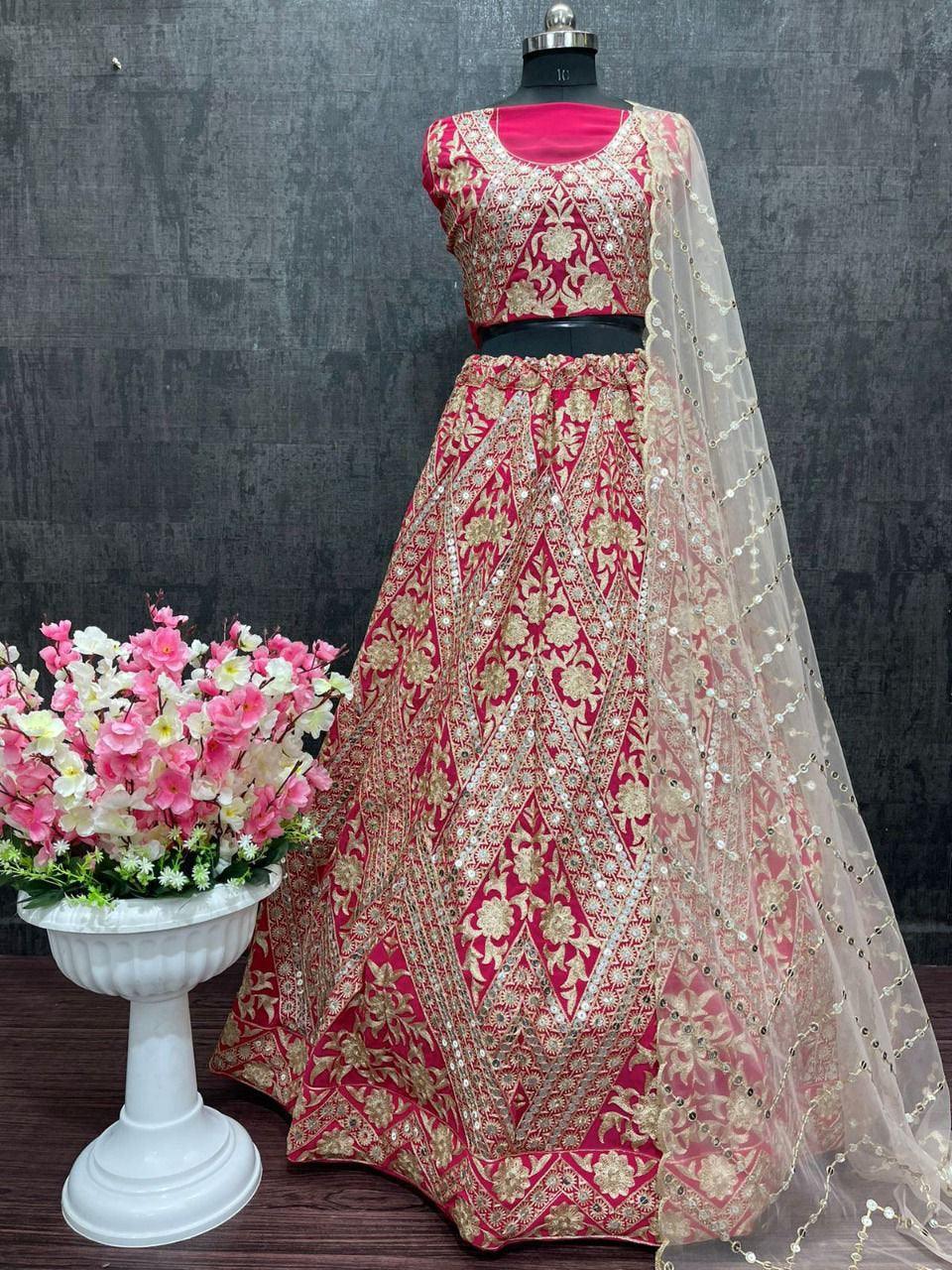 Georgette Lehenga Choli With Chine Stitched Sequence Work Choli With Heavy Soft Net Dupatta With Lace Border For Women - Uboric