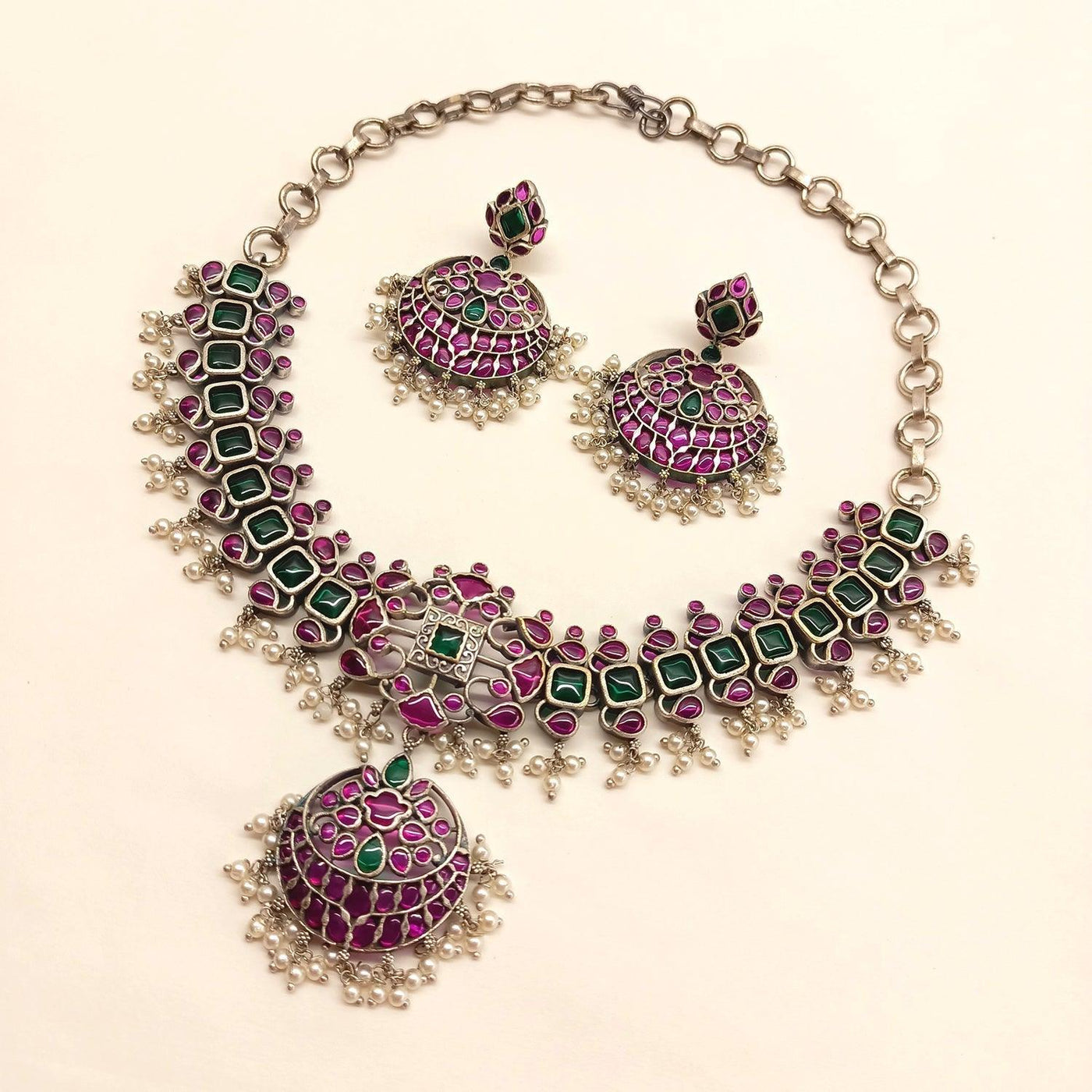 Girjaa Oxidised Necklace Set With Ruby And Green Stone - Uboric