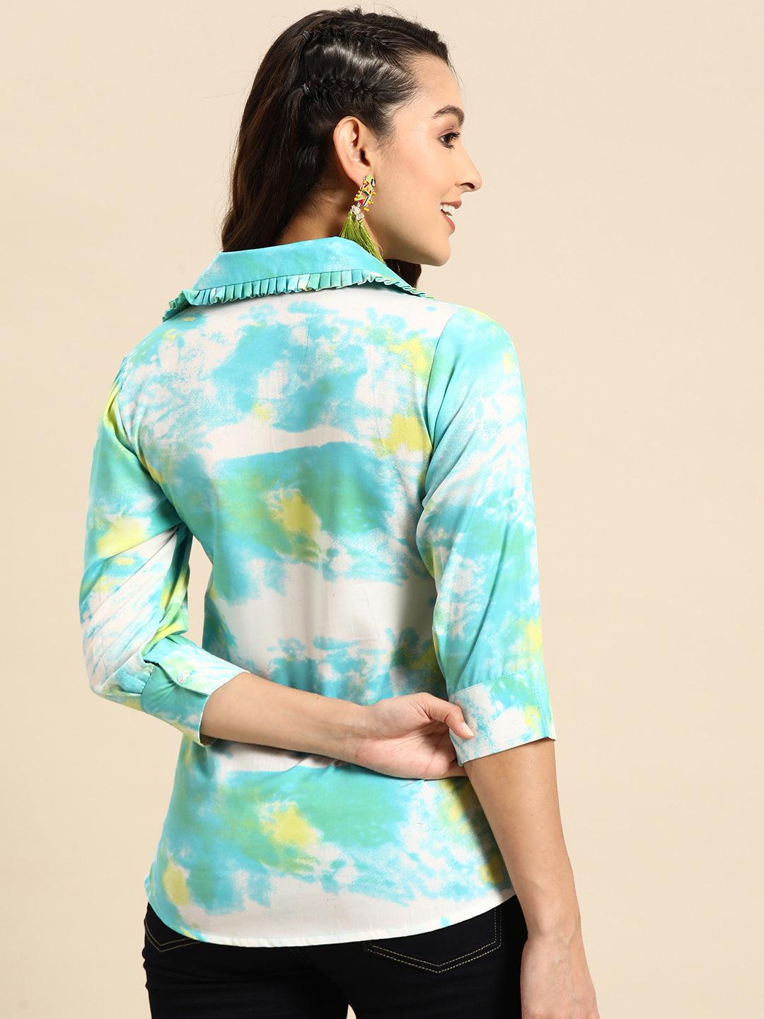Green And Yellow Embroidered Rayon Top - Uboric