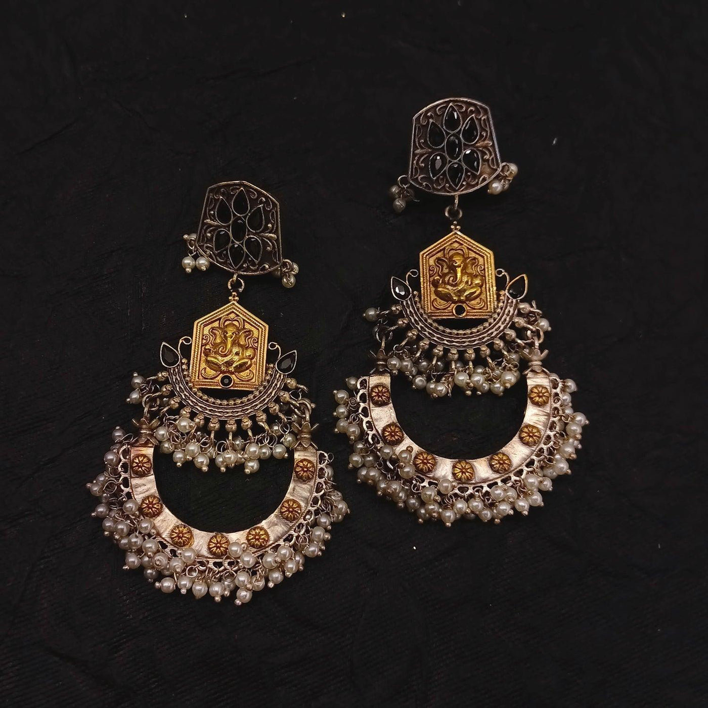 Heer Ganesha Oxidised Chandbali Earrings - Uboric