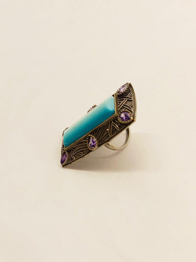 Kesar Designer Sea Blue Stone Oxidized Ring - Uboric