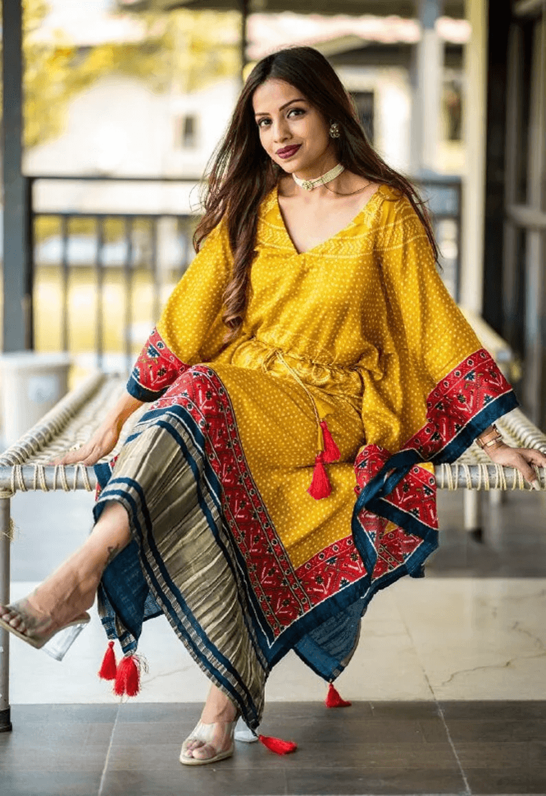 Long Yellow Gaji Silk all in one size Kaftan Dress for women - Uboric