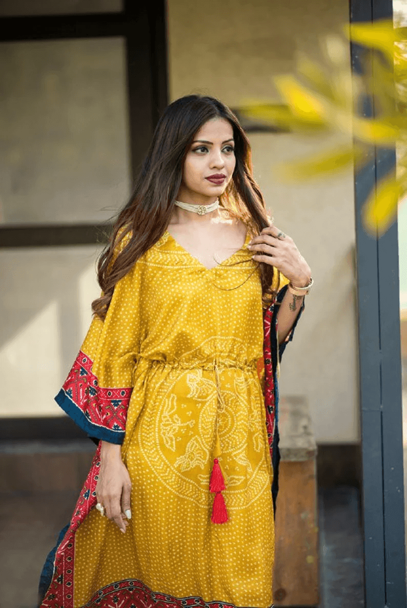 Long Yellow Gaji Silk all in one size Kaftan Dress for women - Uboric