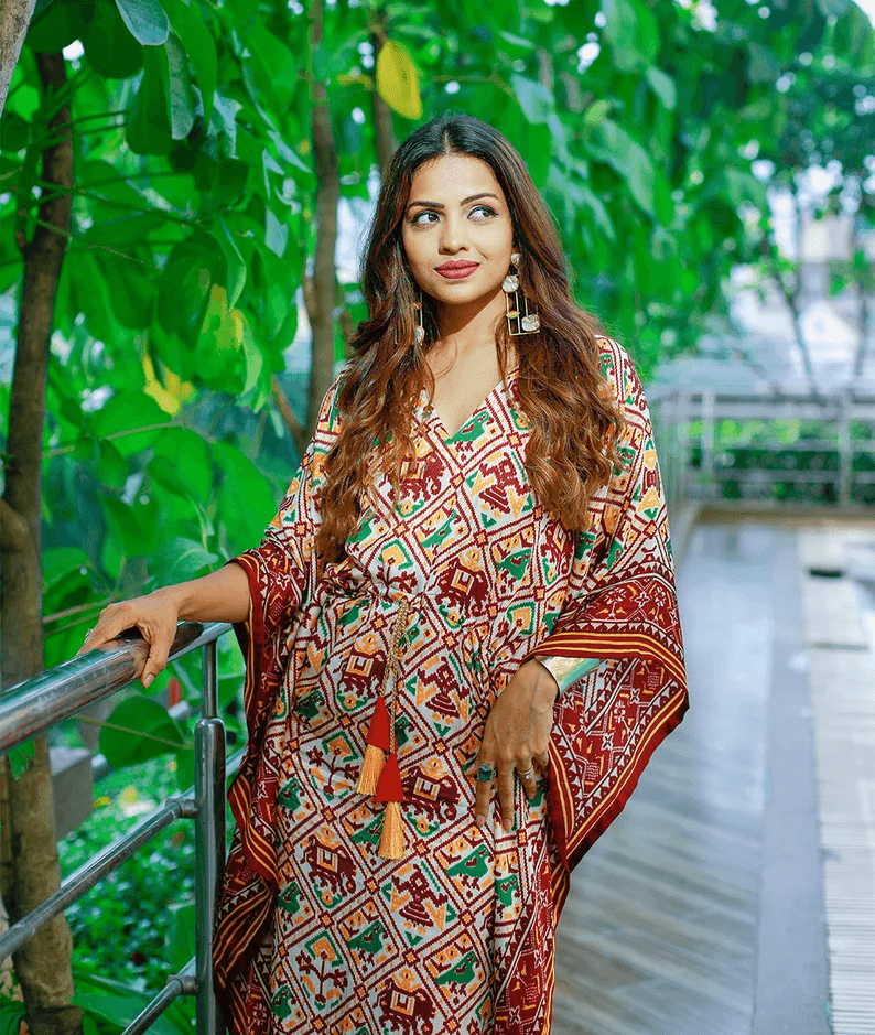 Copy of Pure Gaji Silk Bandhej Digital Print all in one size kaftan dress for women - Uboric
