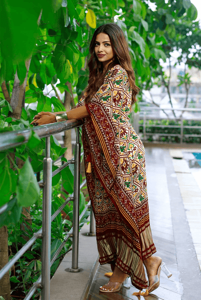 Copy of Pure Gaji Silk Bandhej Digital Print all in one size kaftan dress for women - Uboric