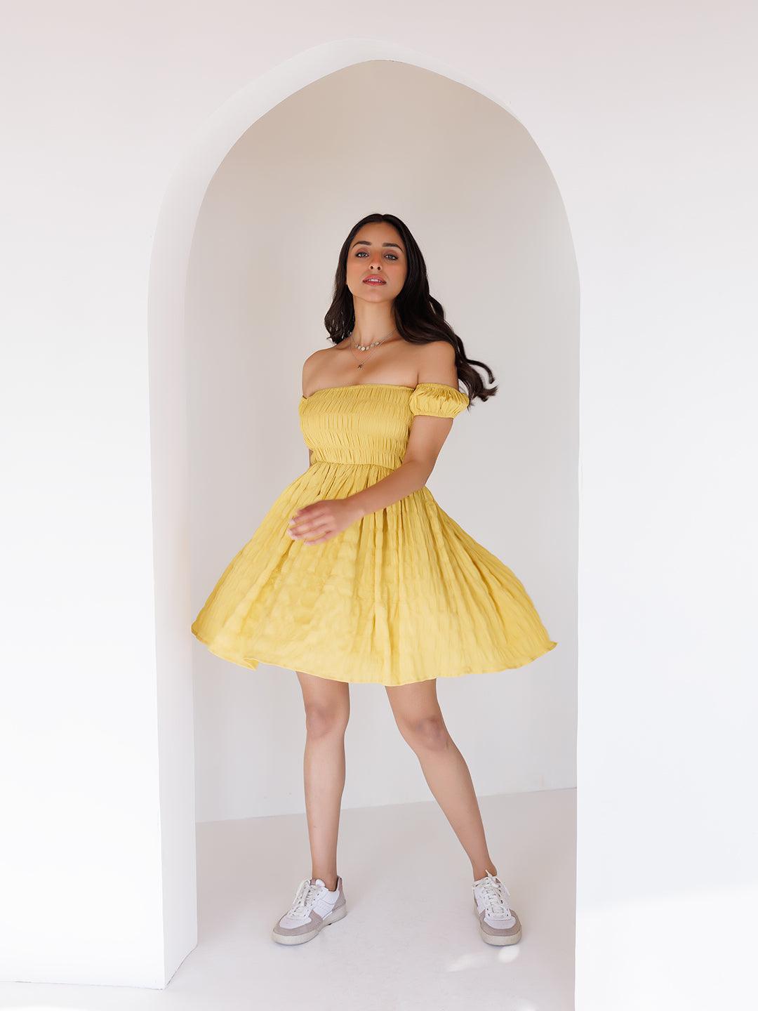 Misted Yellow Mini Dress - Uboric