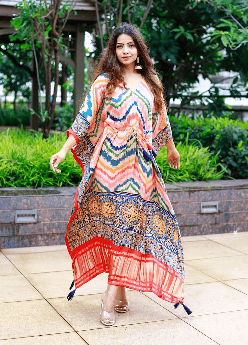 Multi-Color Gaji Silk all in one size Kaftan dress for women - Uboric
