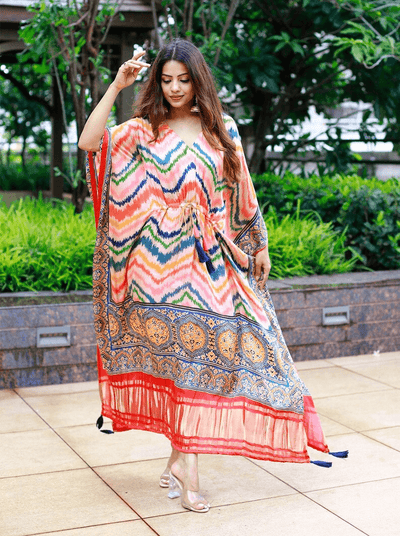 Multi-Color Gaji Silk all in one size Kaftan dress for women - Uboric
