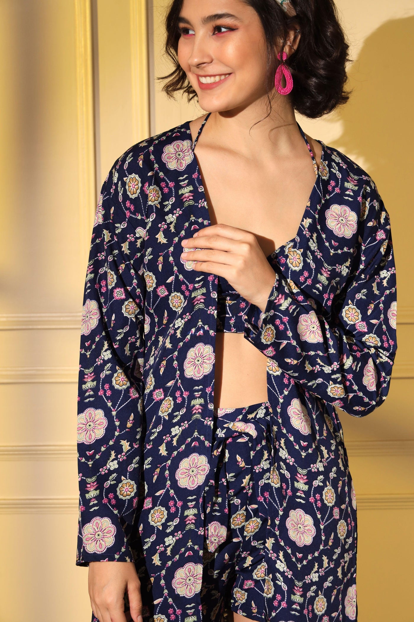 Navy Blue Floral Printed Women Co Ord Set - Uboric