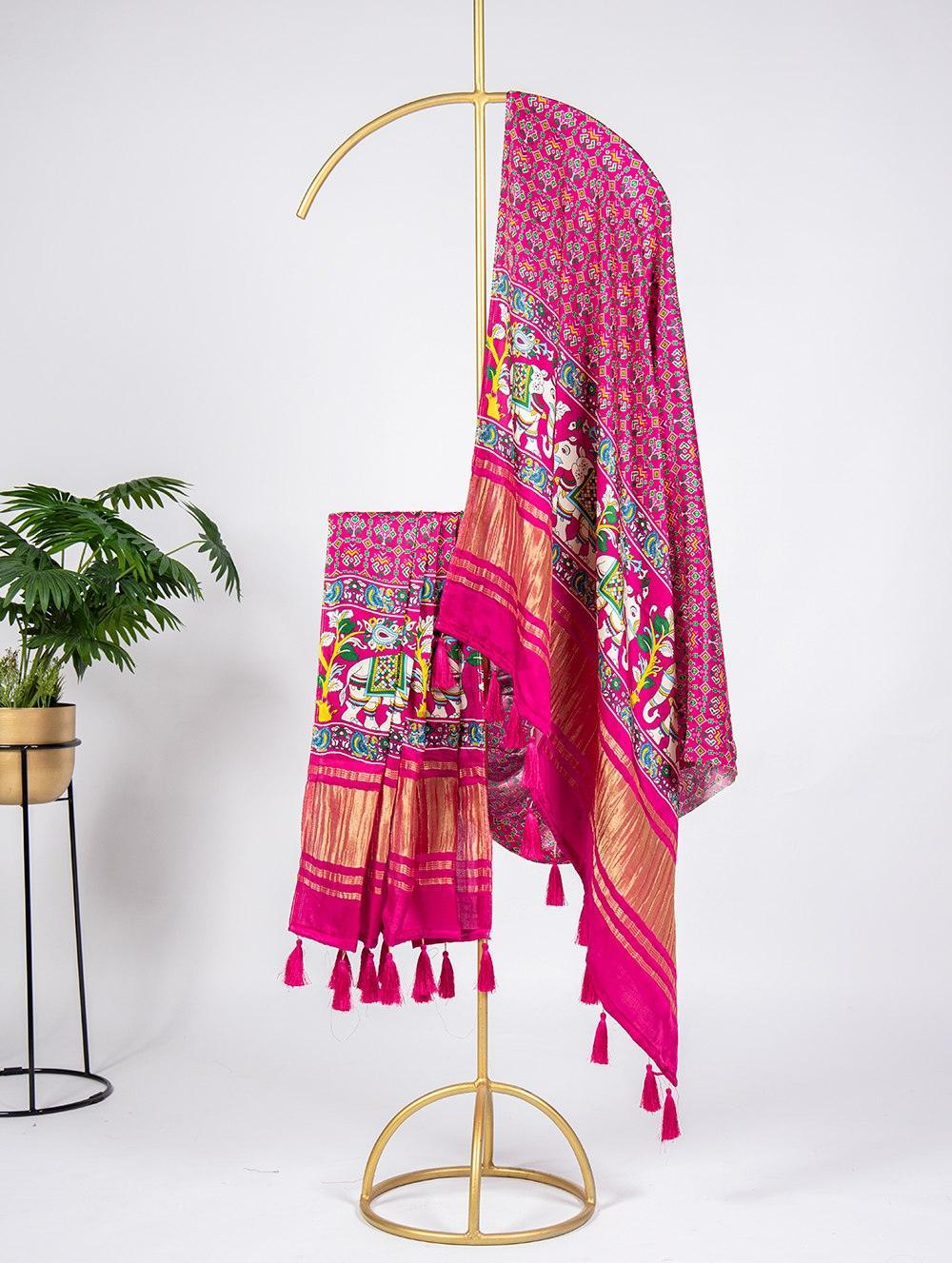Pink Color Patola Printed Pure Gaji Silk Designer Dupatta - Uboric