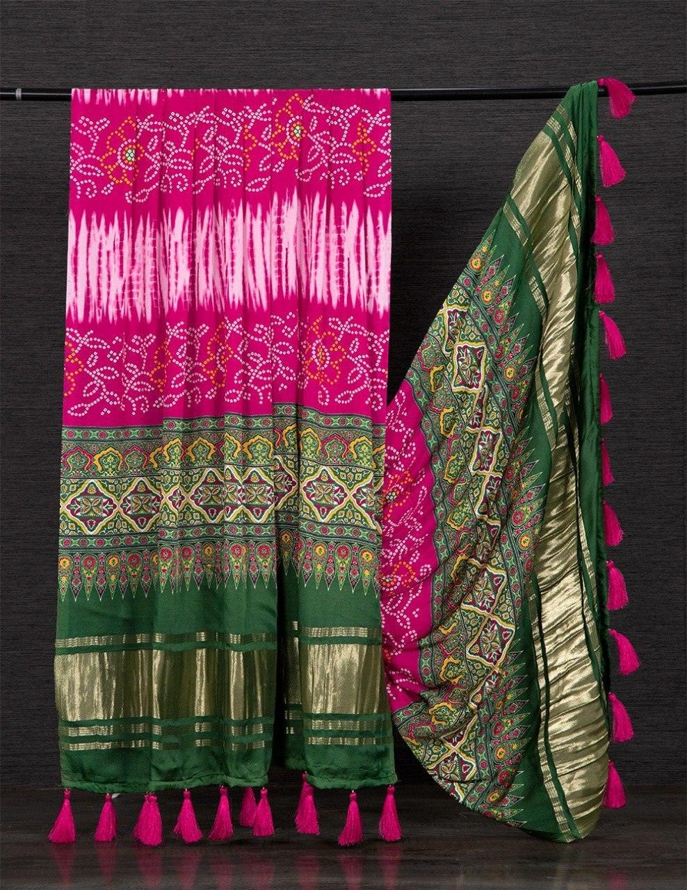 Pink-Green Color Designer Pure Gaji Silk Digital Printed Dupatta - Uboric