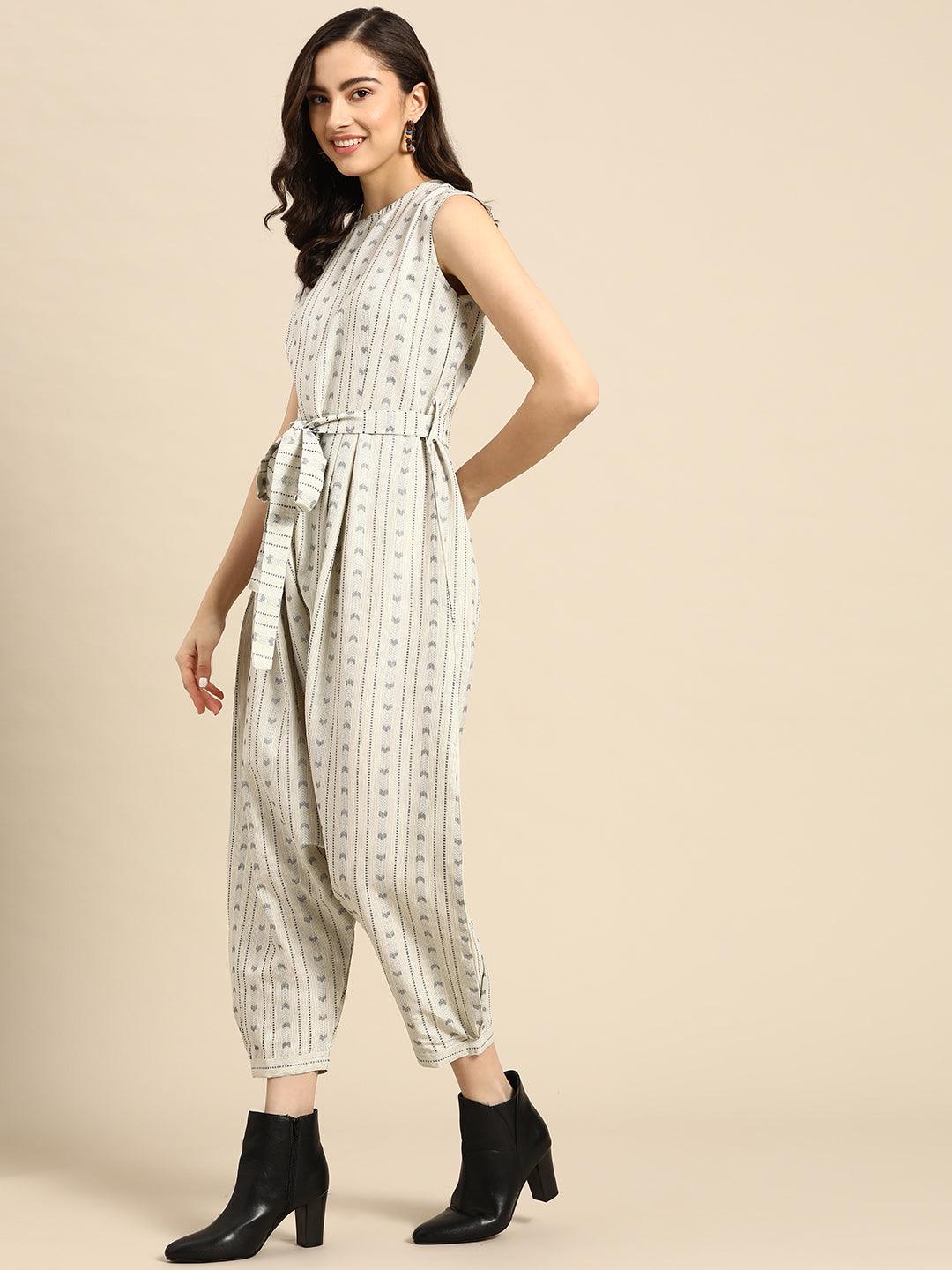 Printed Poly Chinon Grey Jump Suit - Uboric