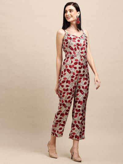 Printed Poly Chinon Maroon Jump Suit - Uboric