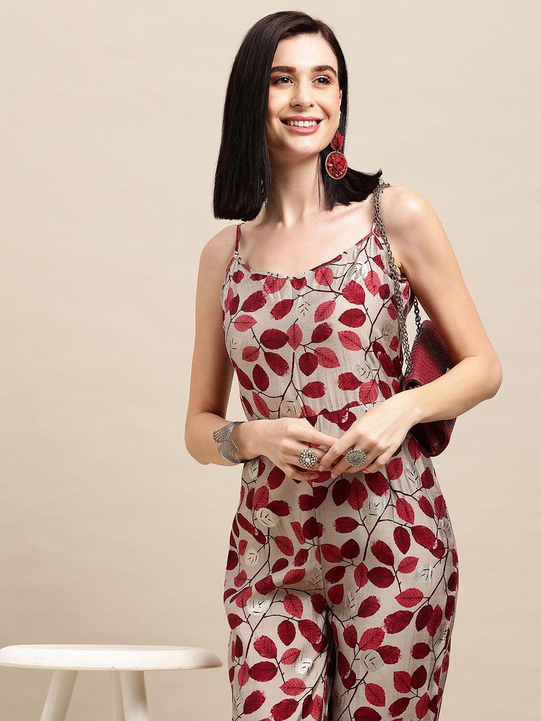 Printed Poly Chinon Maroon Jump Suit - Uboric