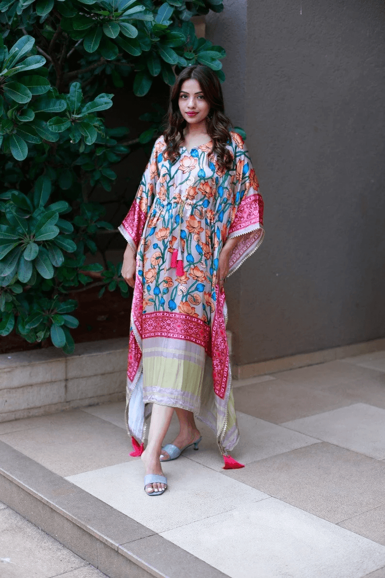 Pure Gaji Silk all in one size Kaftan dress for women - Uboric
