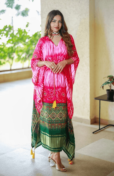 Pure Gaji Silk Bandhej Digital Print all in one size kaftan dress for women - Uboric